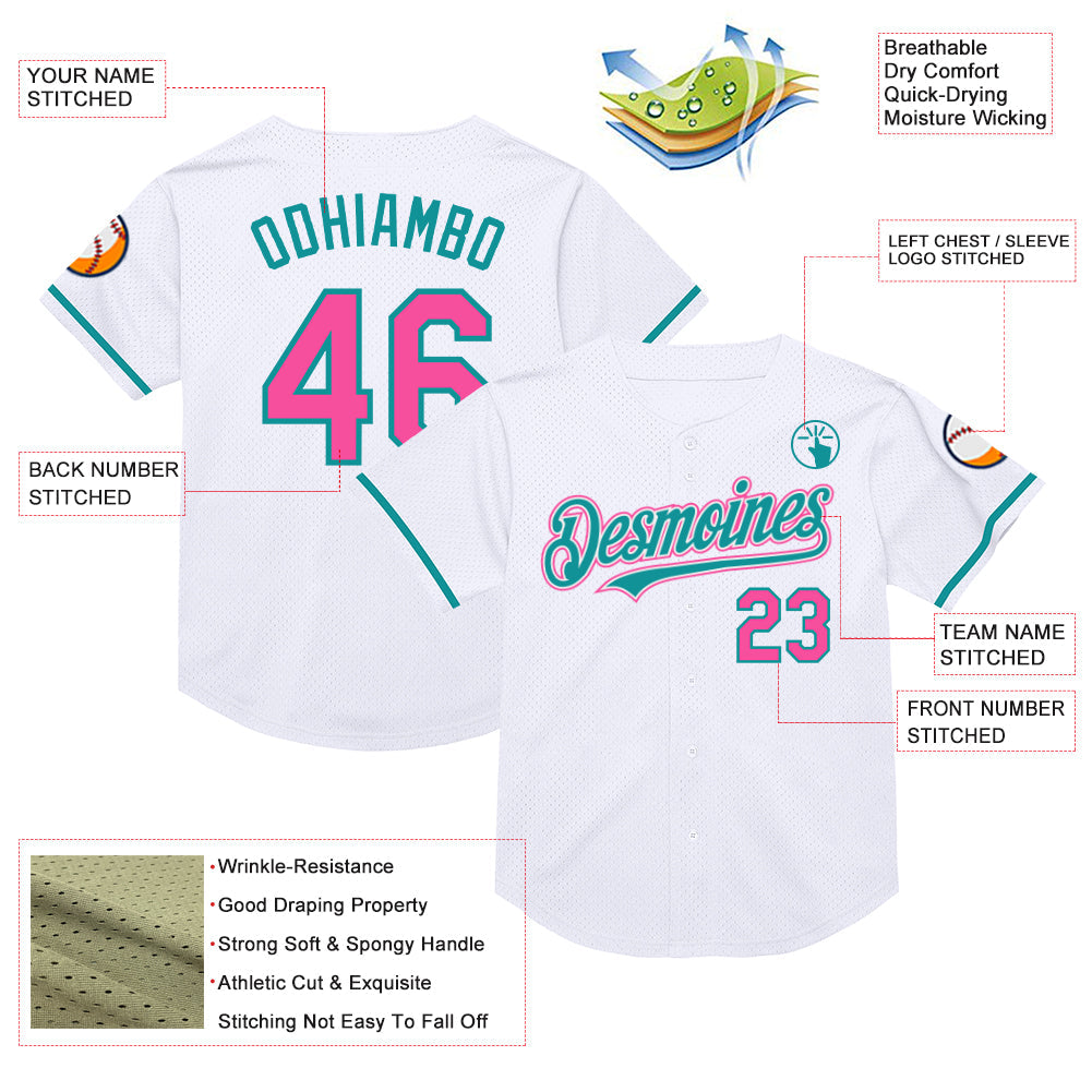 Custom White Pink-Teal Mesh Authentic Throwback Baseball Jersey view 3