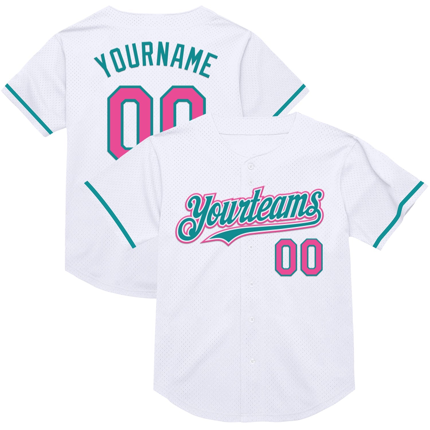 Custom White Pink-Teal Mesh Authentic Throwback Baseball Jersey - Main View