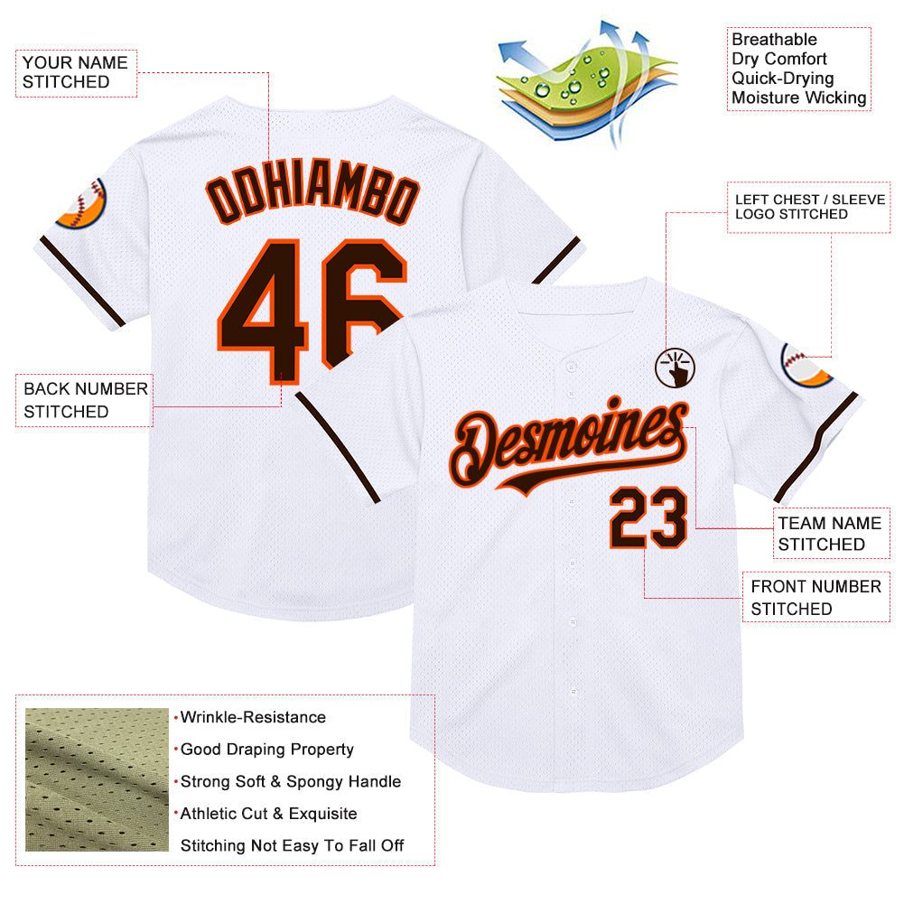 Custom White Brown-Orange Mesh Authentic Throwback Baseball Jersey view 3