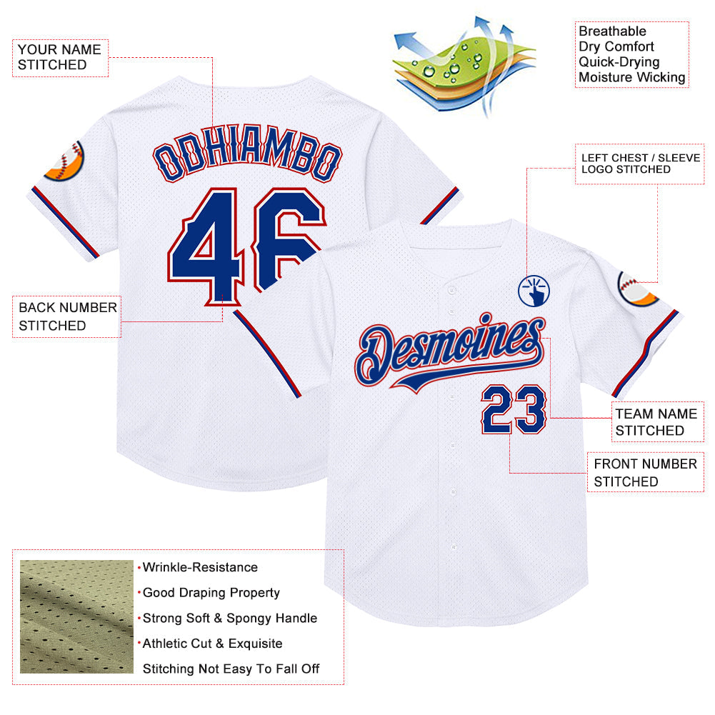 Custom White Royal-Red Mesh Authentic Throwback Baseball Jersey view 3