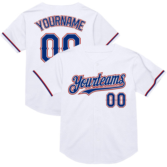 Custom White Royal-Red Mesh Authentic Throwback Baseball Jersey - Main View