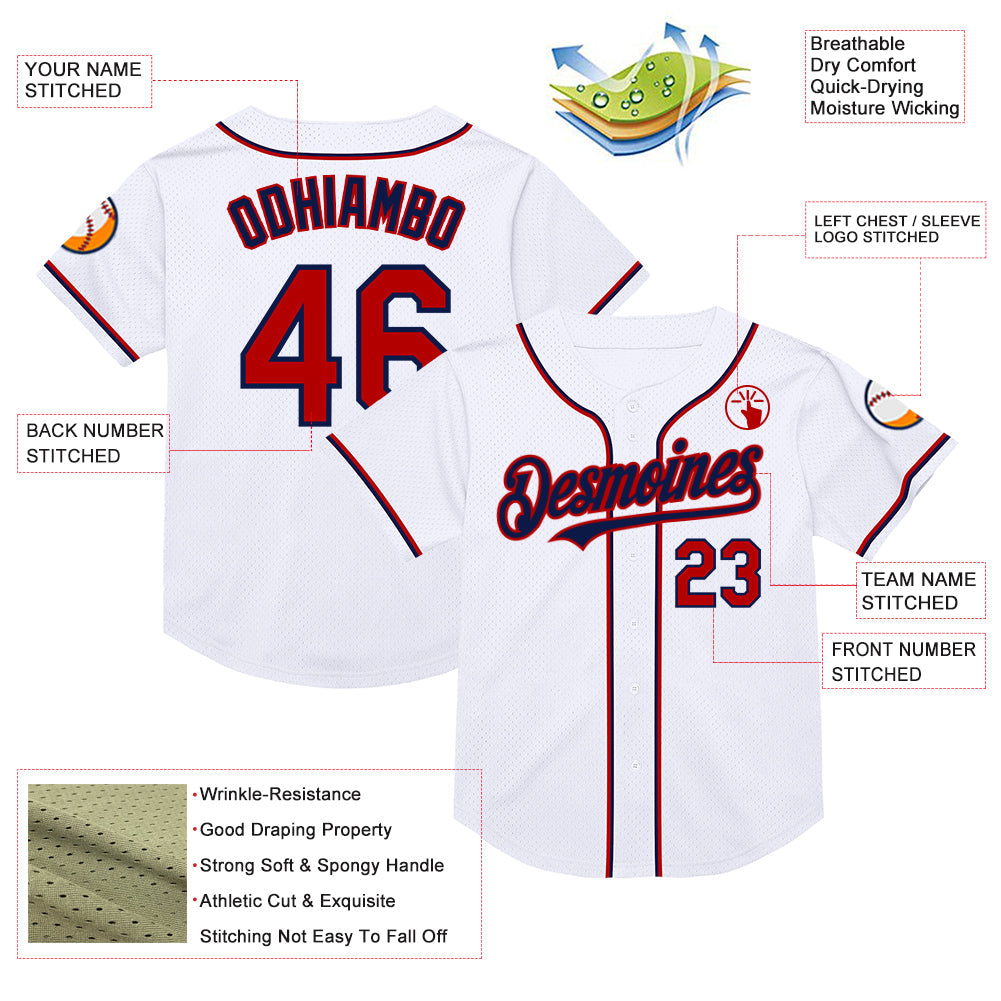 Custom White Red-Navy Mesh Authentic Throwback Baseball Jersey view 3