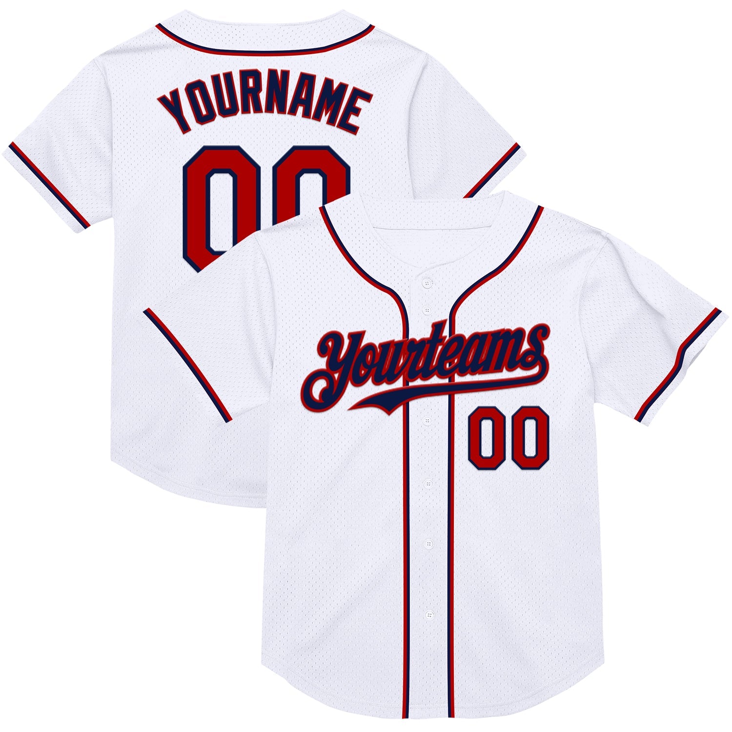 Custom White Red-Navy Mesh Authentic Throwback Baseball Jersey - Main View