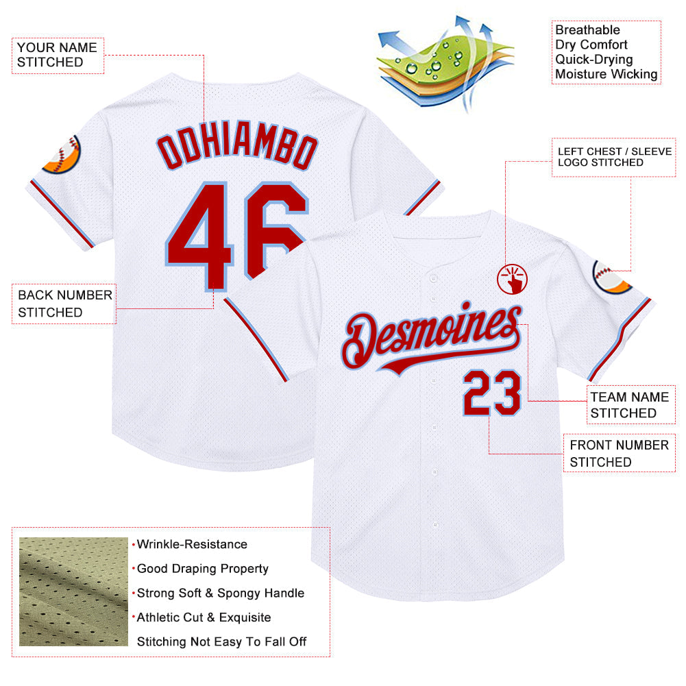 Custom White Red-Light Blue Mesh Authentic Throwback Baseball Jersey view 3