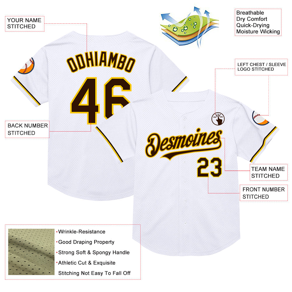 Custom White Brown-Yellow Mesh Authentic Throwback Baseball Jersey view 3