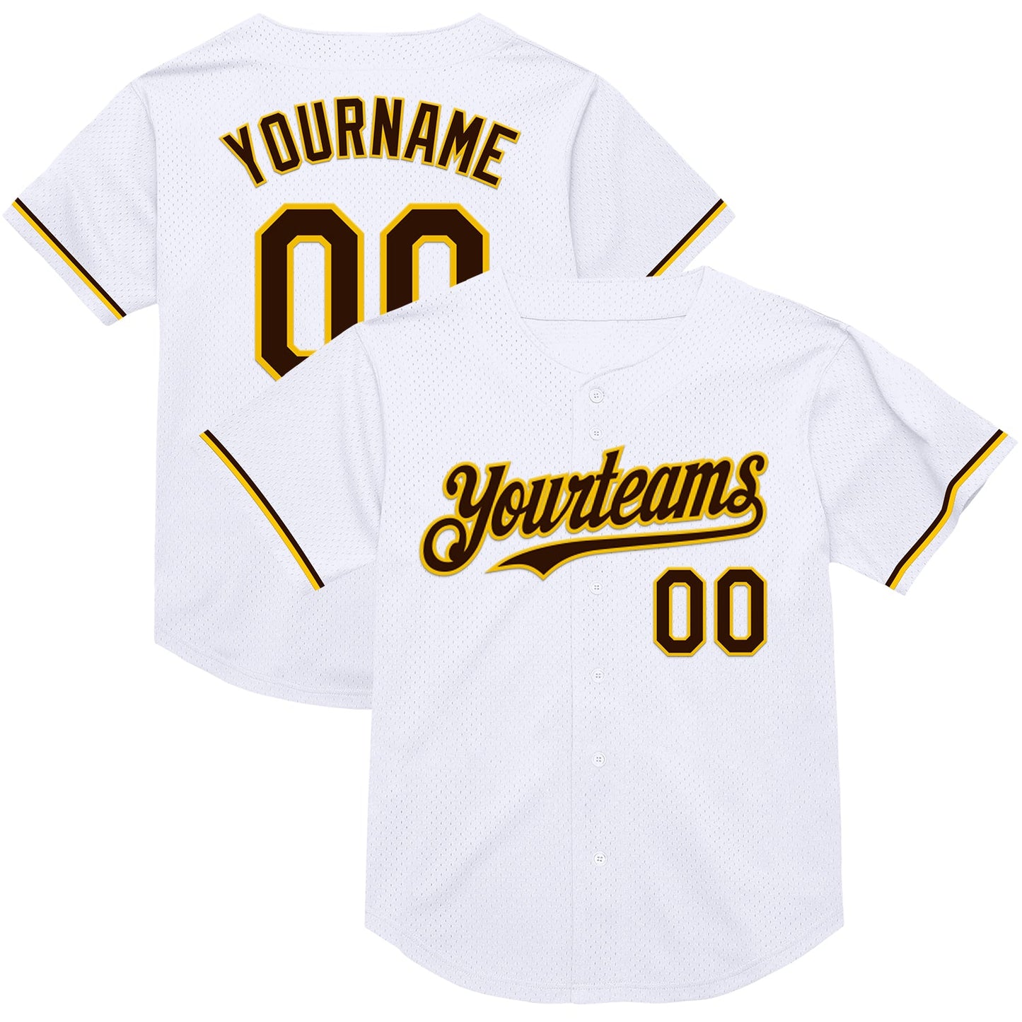 Custom White Brown-Yellow Mesh Authentic Throwback Baseball Jersey - Main View