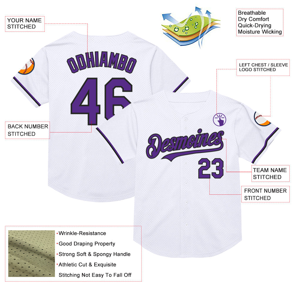 Custom White Purple-Black Mesh Authentic Throwback Baseball Jersey view 3