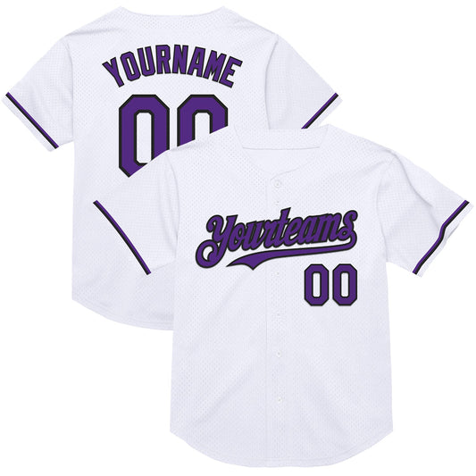 Custom White Purple-Black Mesh Authentic Throwback Baseball Jersey - Main View