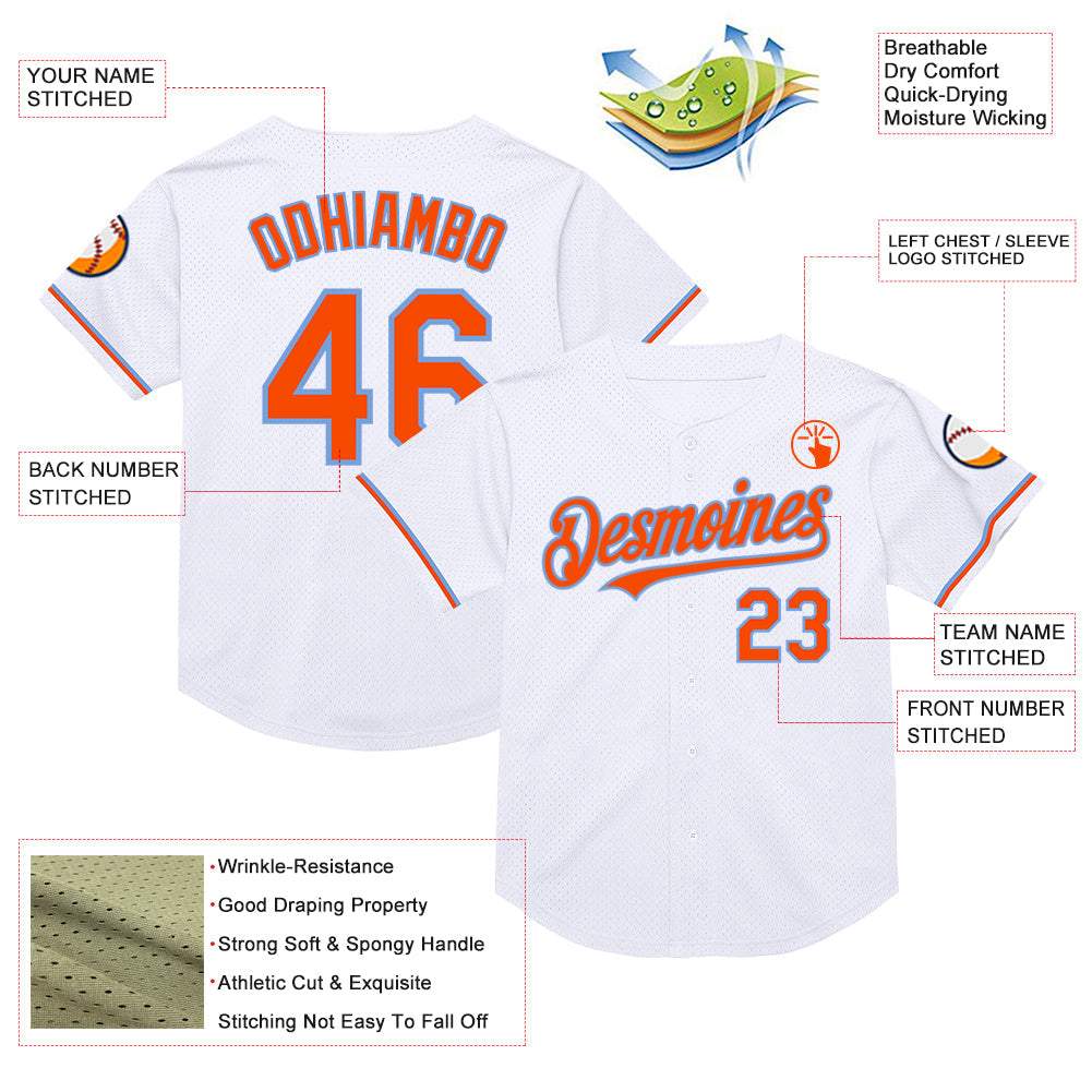 Custom White Orange-Powder Blue Mesh Authentic Throwback Baseball Jersey view 3