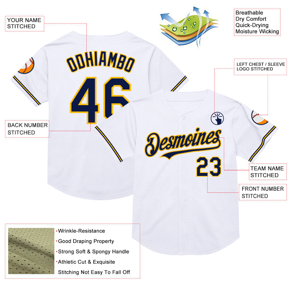 Custom White Navy-Gold Mesh Authentic Throwback Baseball Jersey view 3