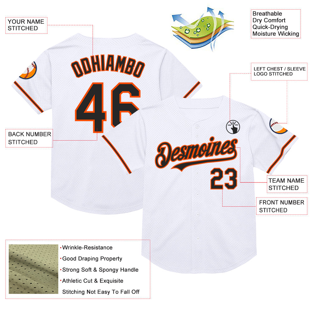Custom White Black-Orange Mesh Authentic Throwback Baseball Jersey view 3