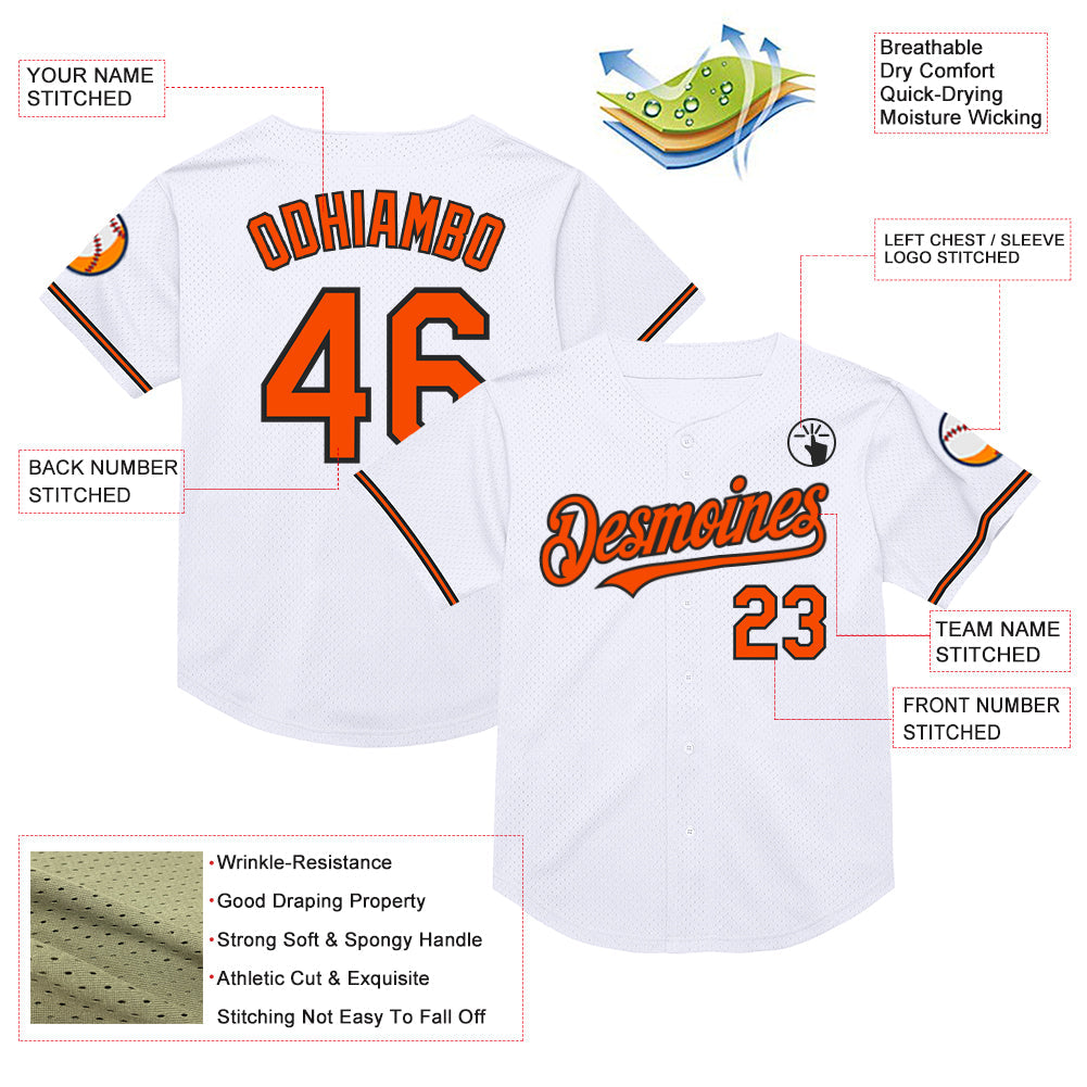 Custom White Orange-Black Mesh Authentic Throwback Baseball Jersey view 3