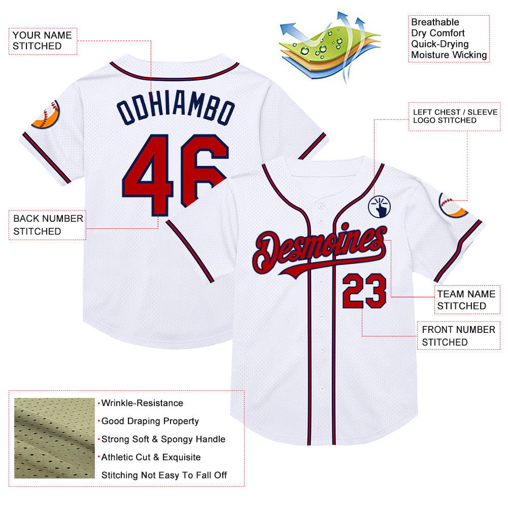 Custom White Red-Navy Mesh Authentic Throwback Baseball Jersey view 3