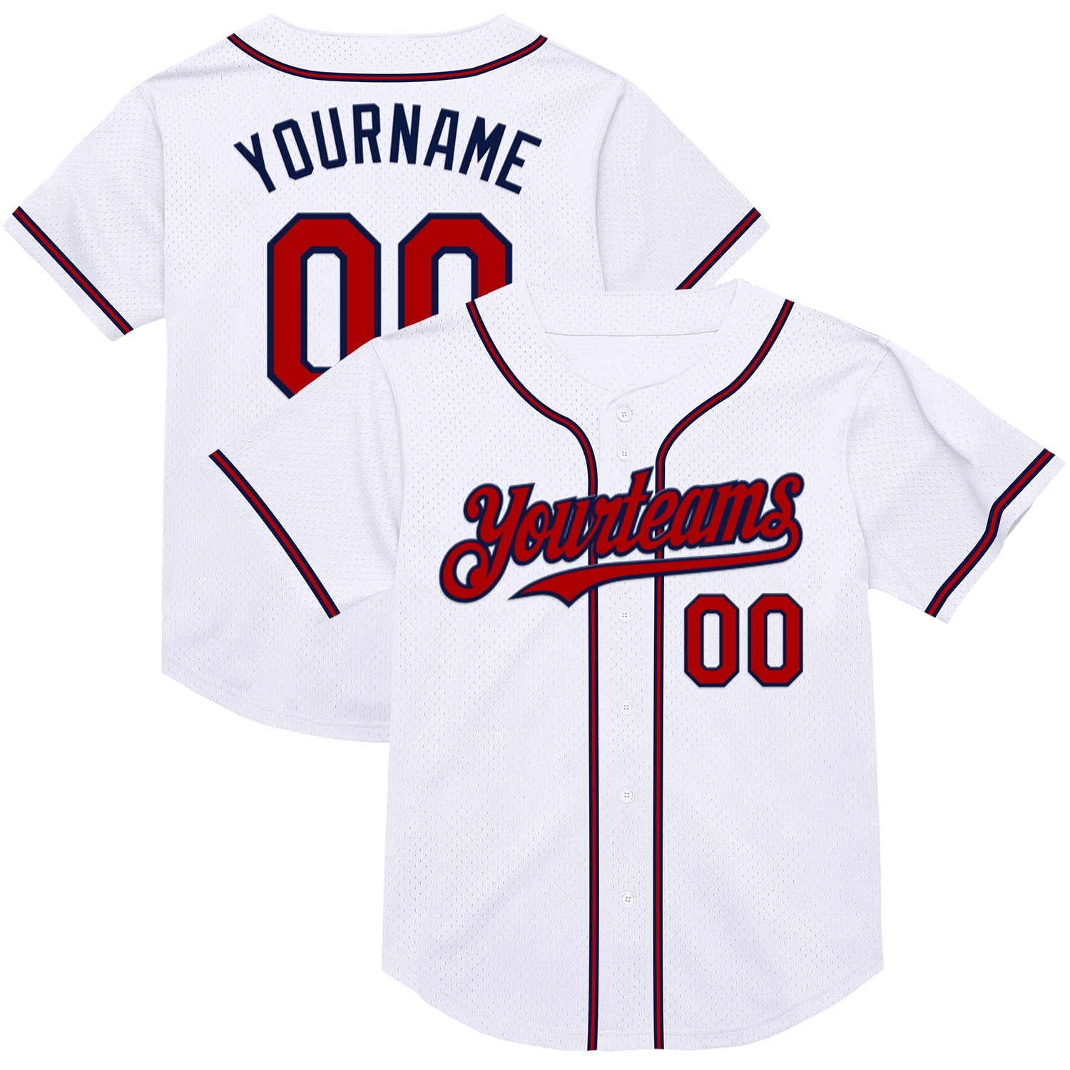 Custom White Red-Navy Mesh Authentic Throwback Baseball Jersey - Main View