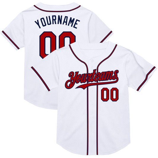 Custom White Red-Navy Mesh Authentic Throwback Baseball Jersey - Main View