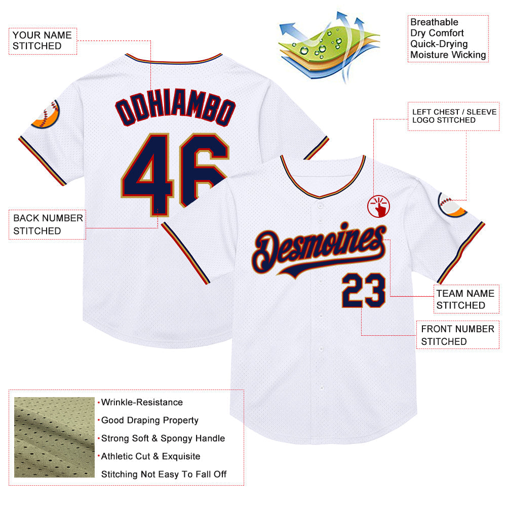 Custom White Navy Red-Old Gold Mesh Authentic Throwback Baseball Jersey view 3