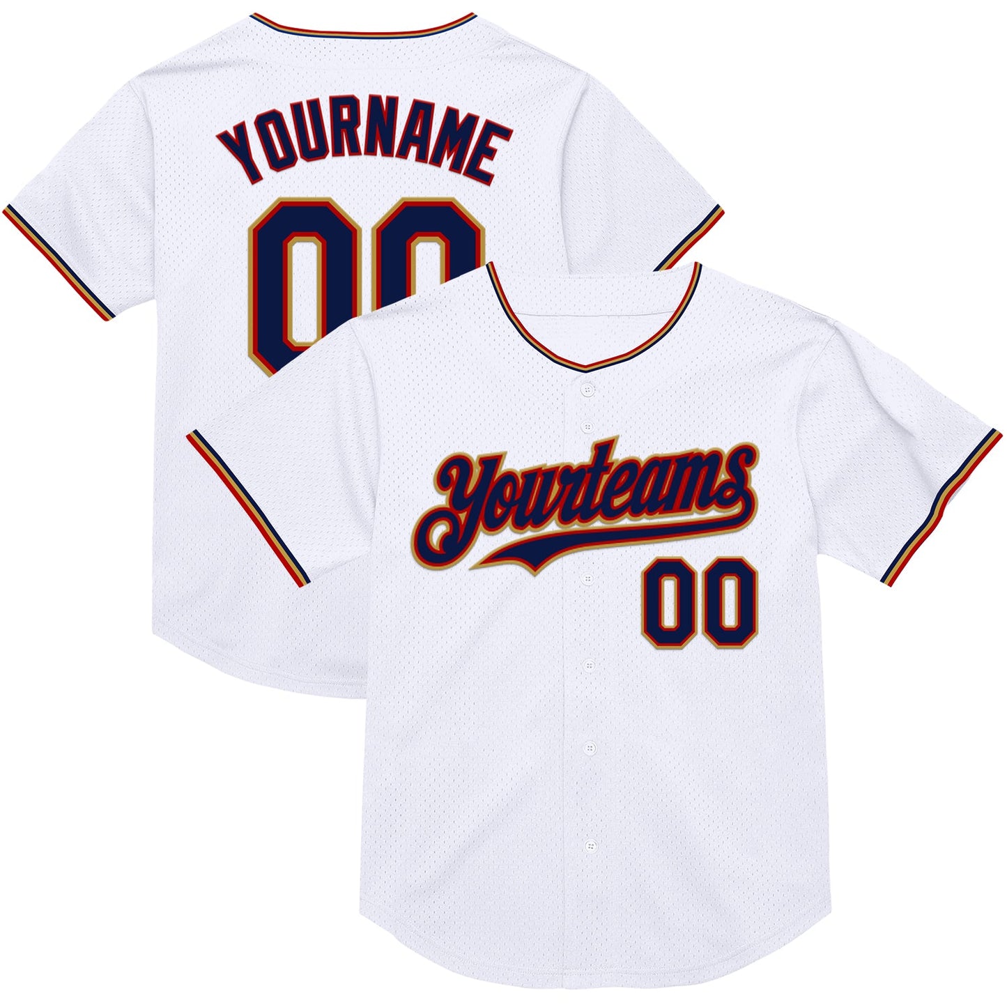 Custom White Navy Red-Old Gold Mesh Authentic Throwback Baseball Jersey - Main View