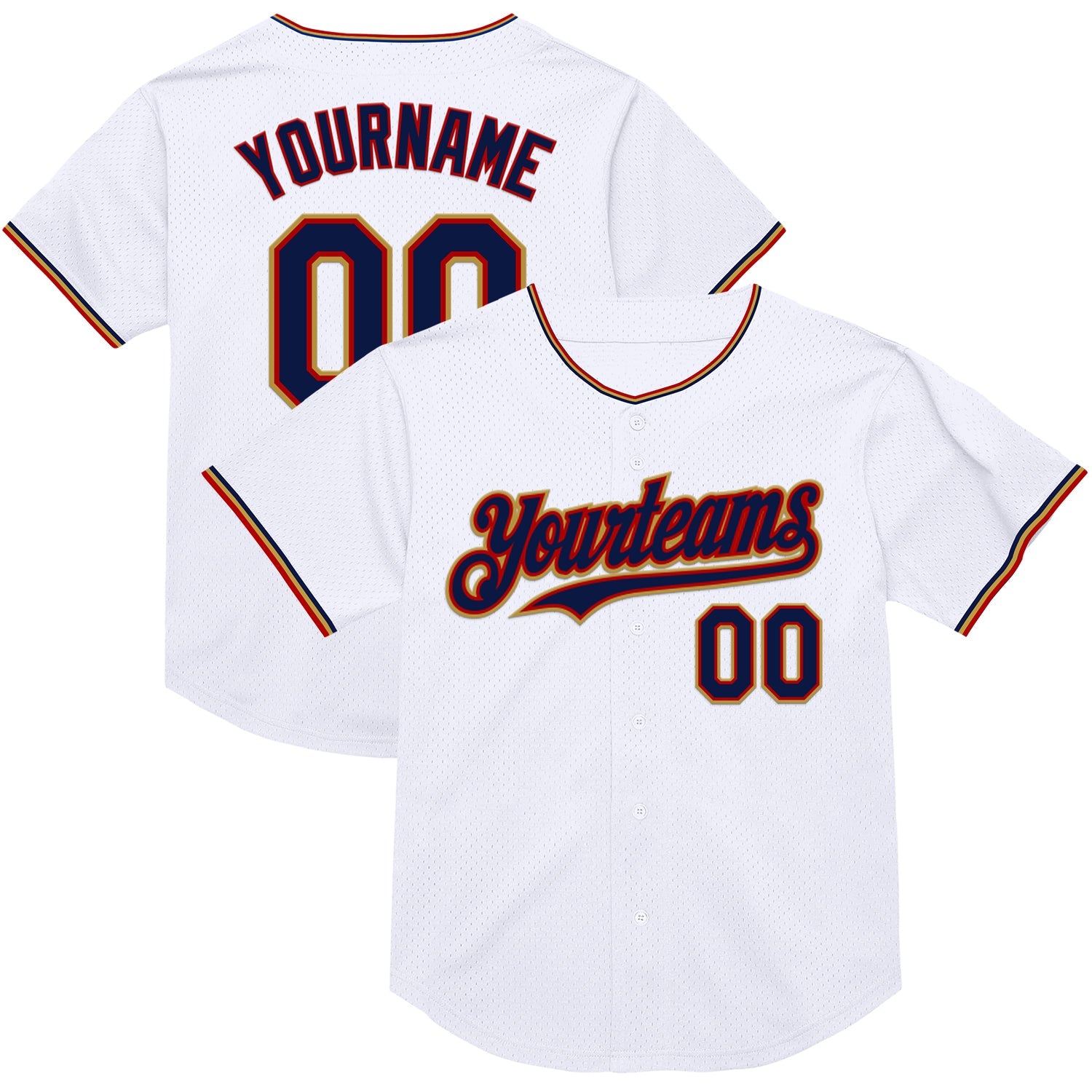 Custom White Navy Red-Old Gold Mesh Authentic Throwback Baseball Jersey - Main View