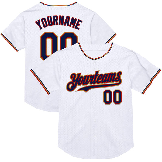 Custom White Navy Red-Old Gold Mesh Authentic Throwback Baseball Jersey - Main View