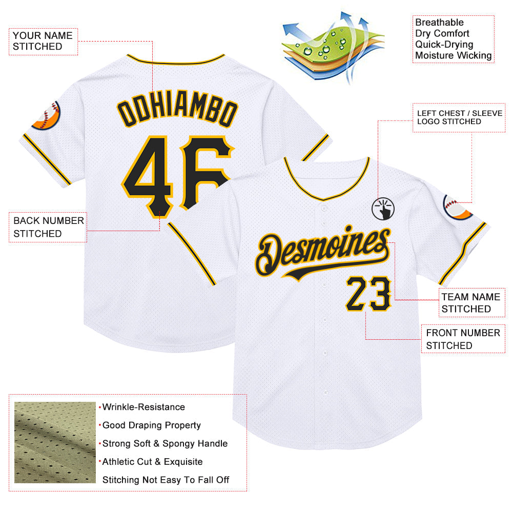 Custom White Black-Gold Mesh Authentic Throwback Baseball Jersey view 3