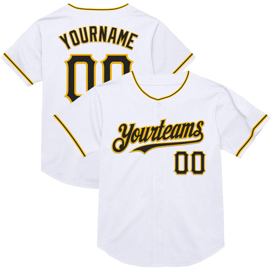 Custom White Black-Gold Mesh Authentic Throwback Baseball Jersey - Main View