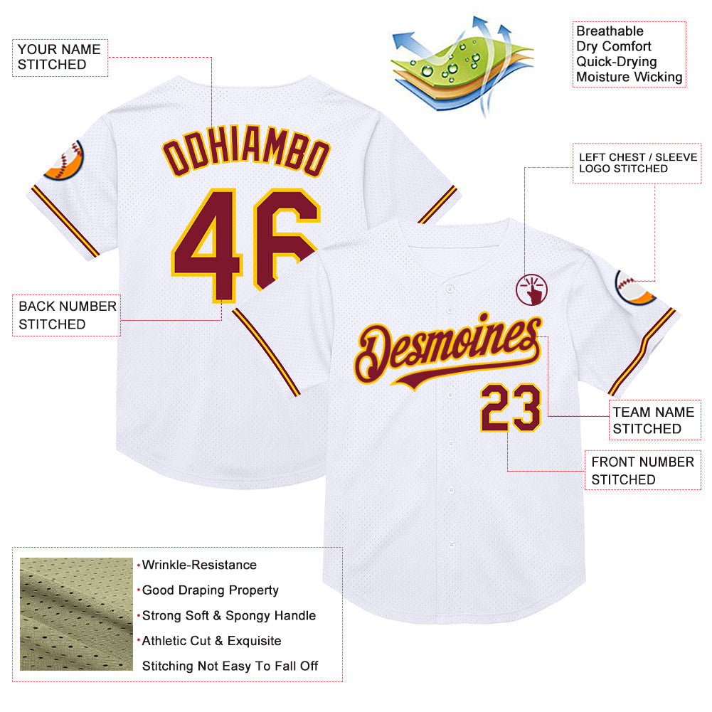 Custom White Crimson-Yellow Mesh Authentic Throwback Baseball Jersey view 3