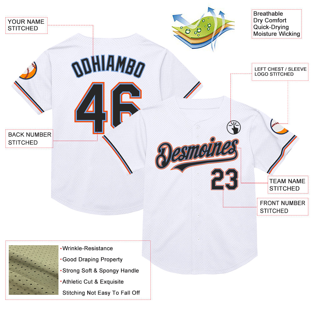 Custom White Black Powder Blue-Orange Mesh Authentic Throwback Baseball Jersey view 3