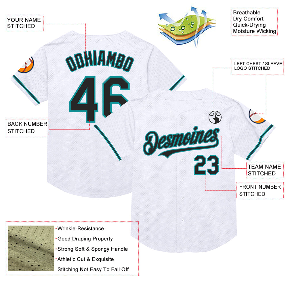 Custom White Black-Teal Mesh Authentic Throwback Baseball Jersey view 3