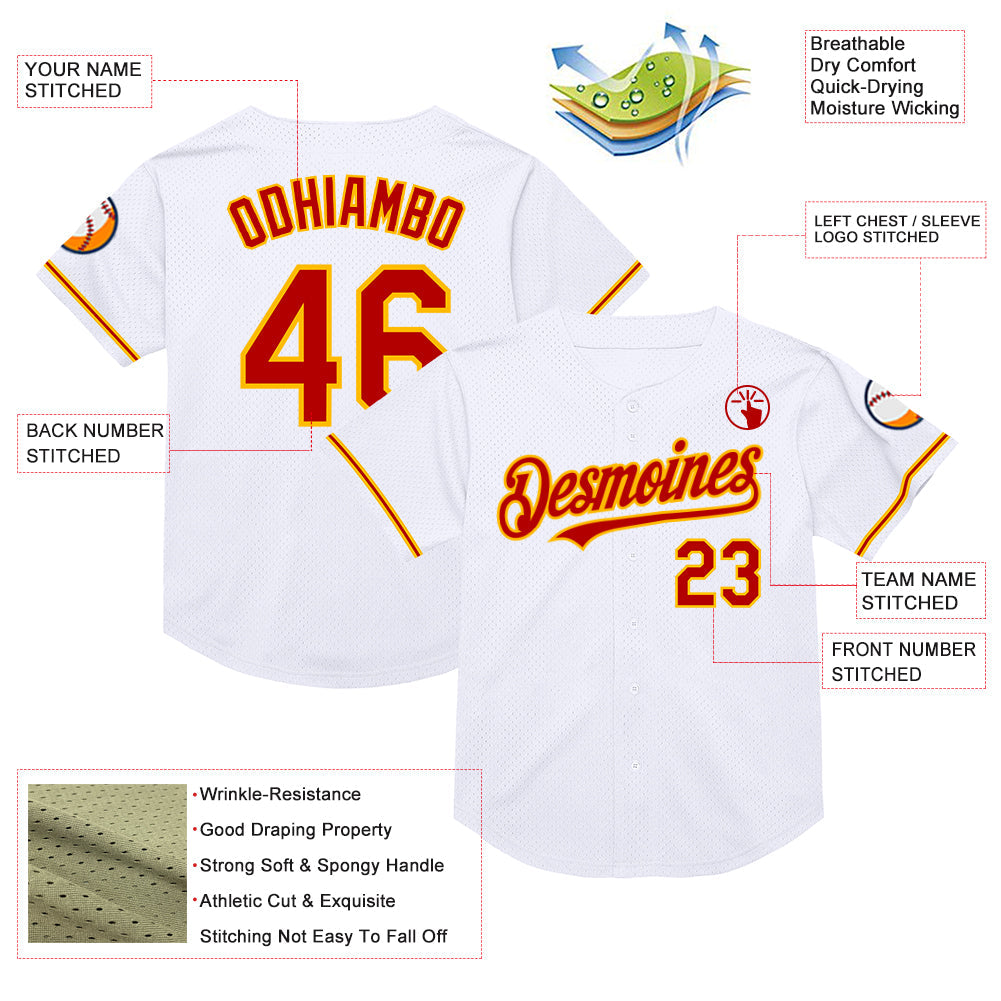 Custom White Red-Gold Mesh Authentic Throwback Baseball Jersey view 3