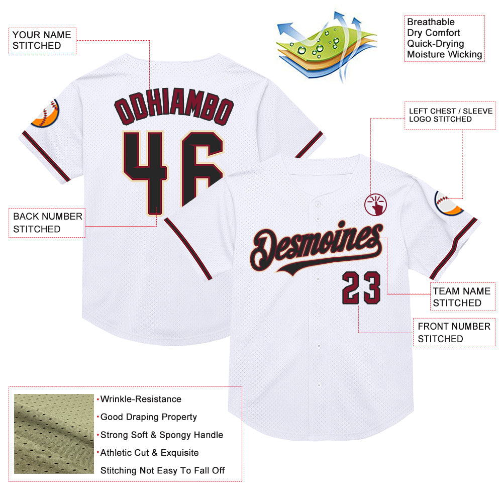 Custom White Black Crimson-Cream Mesh Authentic Throwback Baseball Jersey view 3