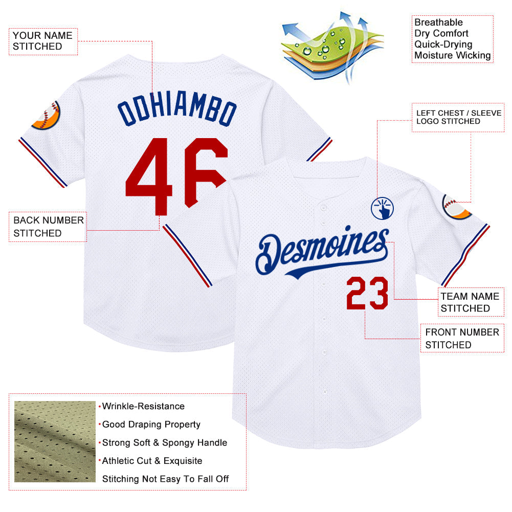 Custom White Red-Royal Mesh Authentic Throwback Baseball Jersey view 3