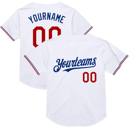Custom White Red-Royal Mesh Authentic Throwback Baseball Jersey - Main View