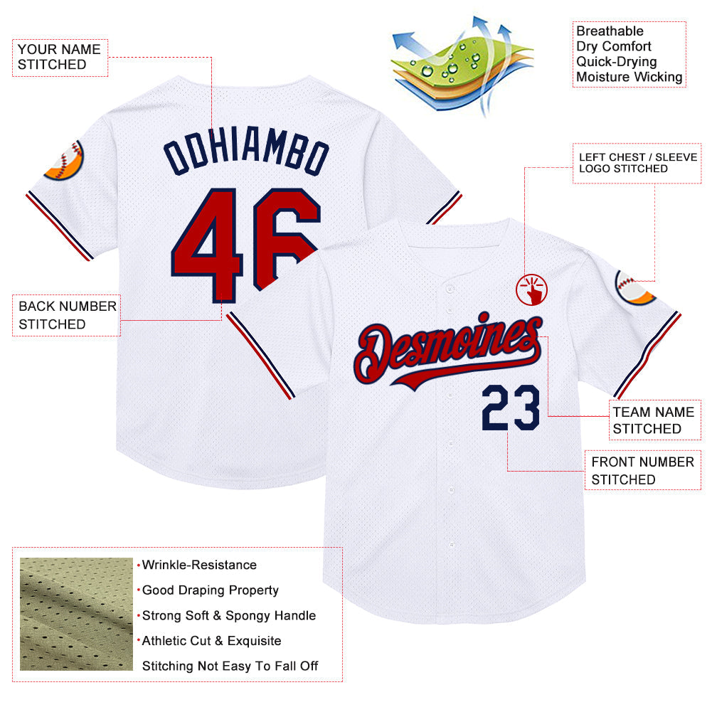 Custom White Red-Navy Mesh Authentic Throwback Baseball Jersey view 3