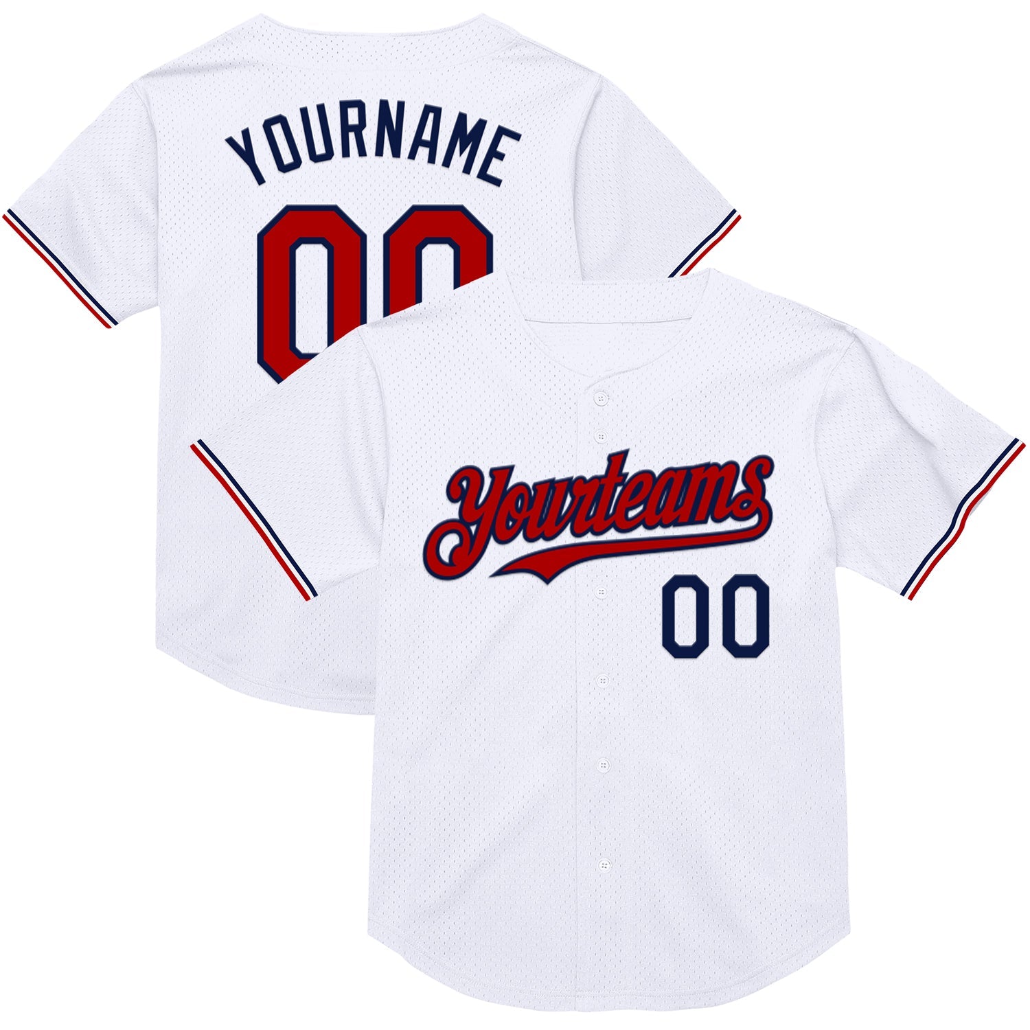 Custom White Red-Navy Mesh Authentic Throwback Baseball Jersey - Main View