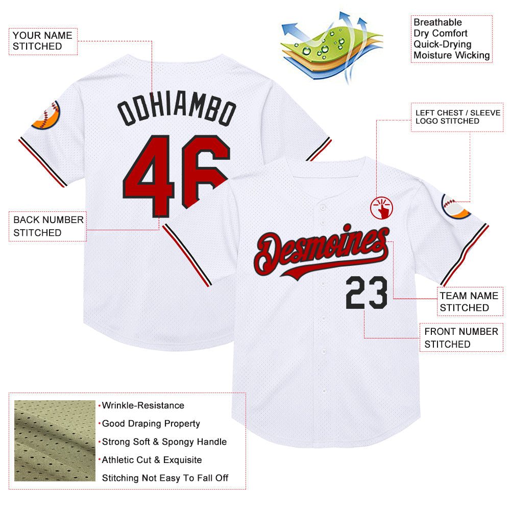 Custom White Red-Black Mesh Authentic Throwback Baseball Jersey view 3