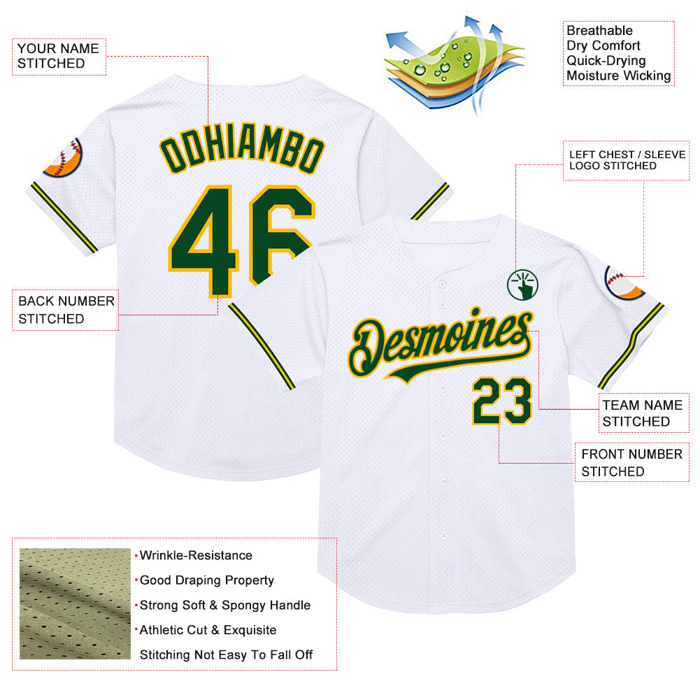 Custom White Green-Gold Mesh Authentic Throwback Baseball Jersey view 3