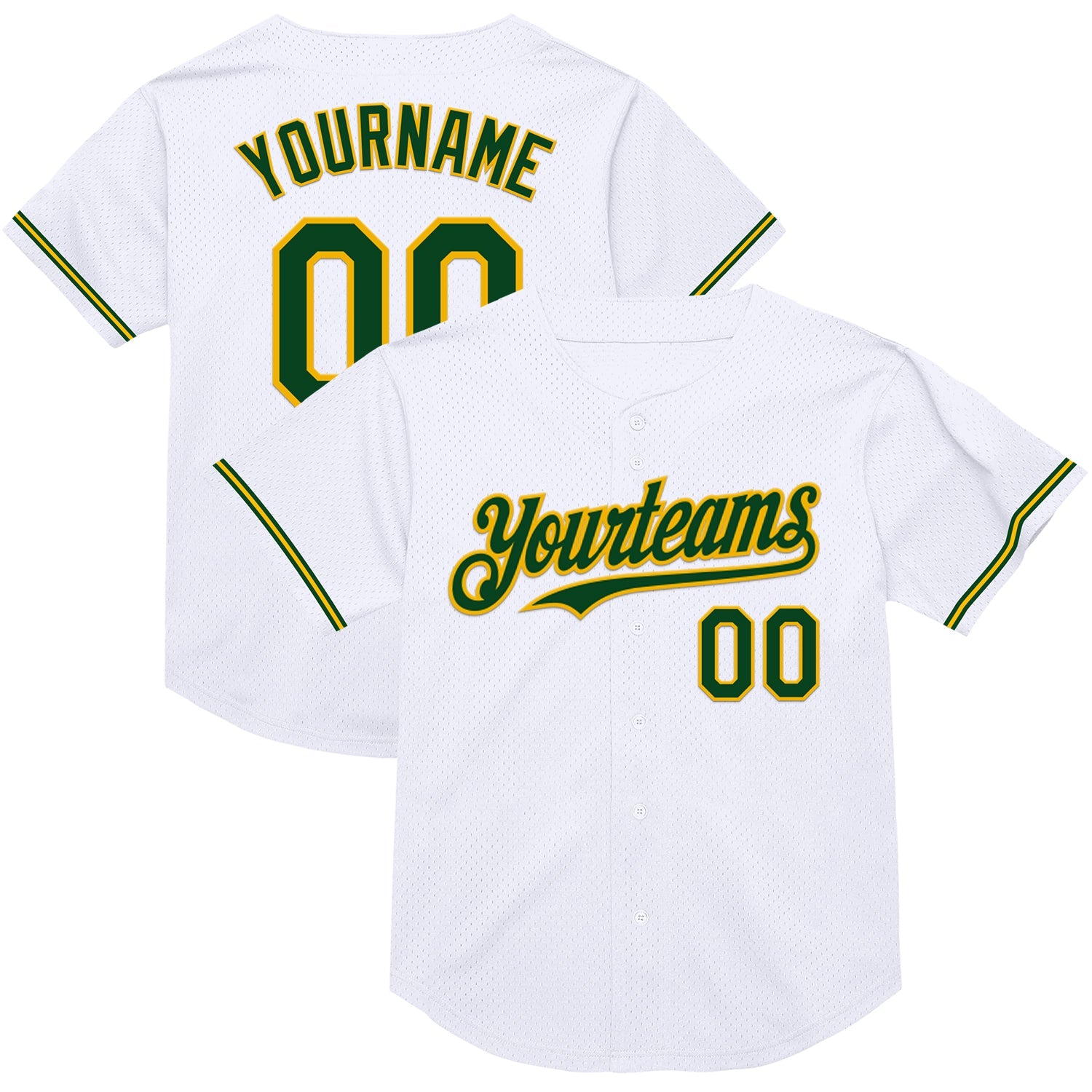 Custom White Green-Gold Mesh Authentic Throwback Baseball Jersey - Main View