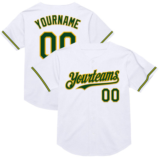 Custom White Green-Gold Mesh Authentic Throwback Baseball Jersey - Main View