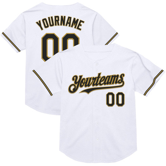 Custom White Black-Old Gold Mesh Authentic Throwback Baseball Jersey - Main View