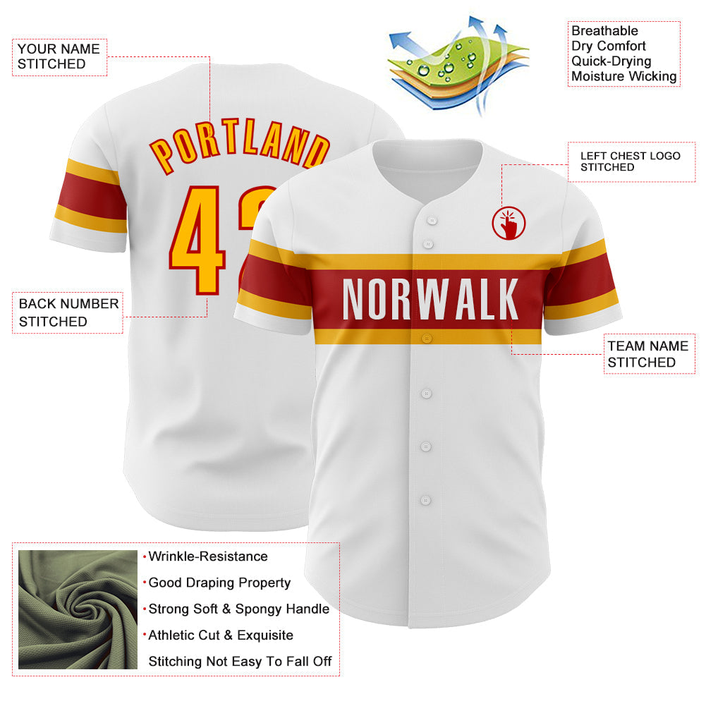 Custom White Gold-Red Authentic Baseball Jersey view 3