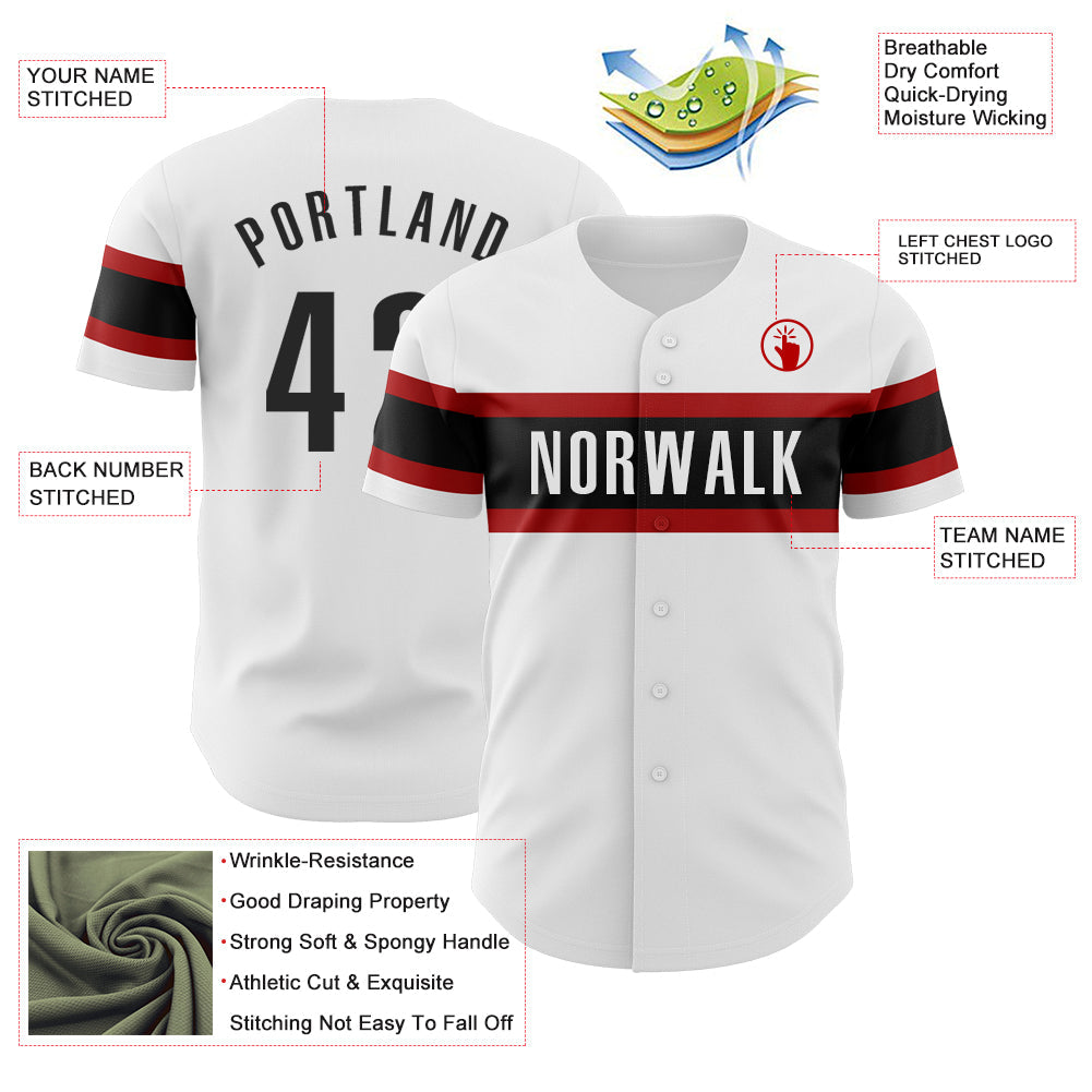 Custom White Black-Red Authentic Baseball Jersey view 3