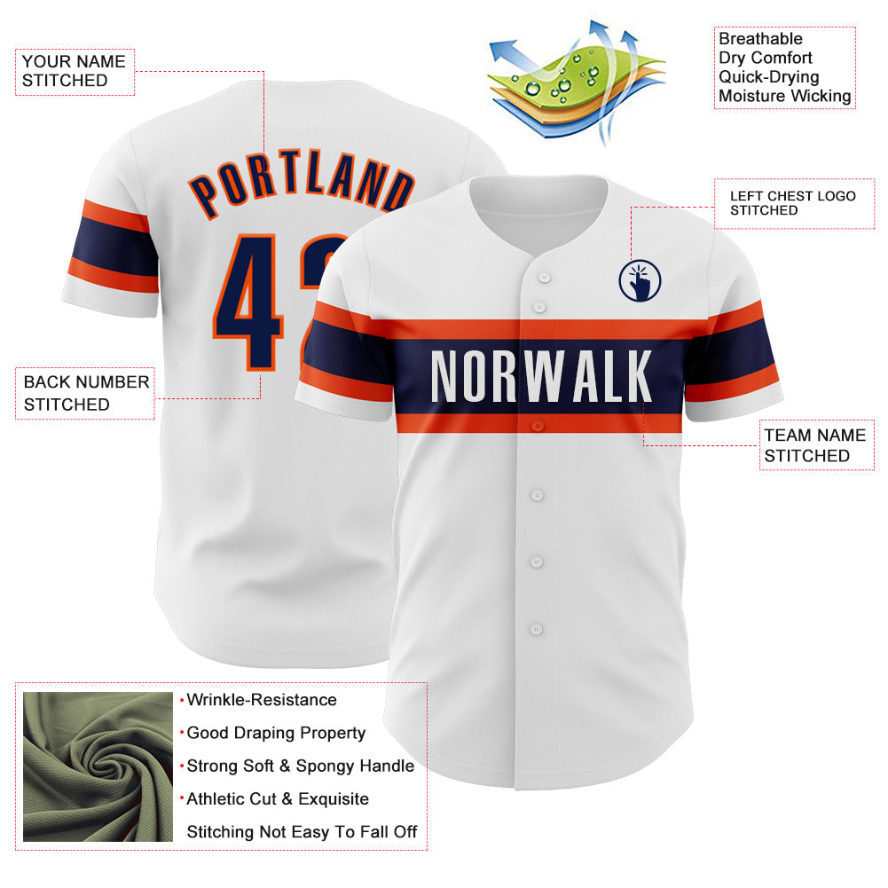 Custom White Navy-Orange Authentic Baseball Jersey view 3