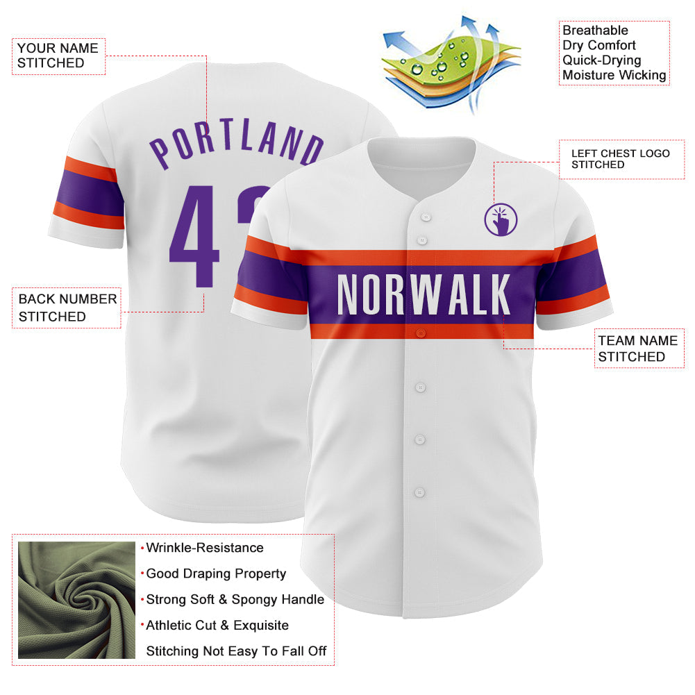 Custom White Purple-Orange Authentic Baseball Jersey view 3