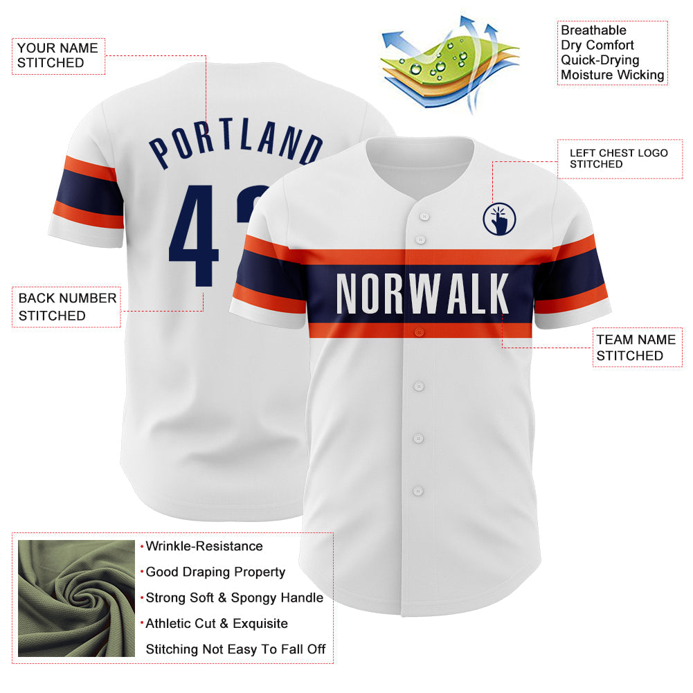 Custom White Navy-Orange Authentic Baseball Jersey view 3