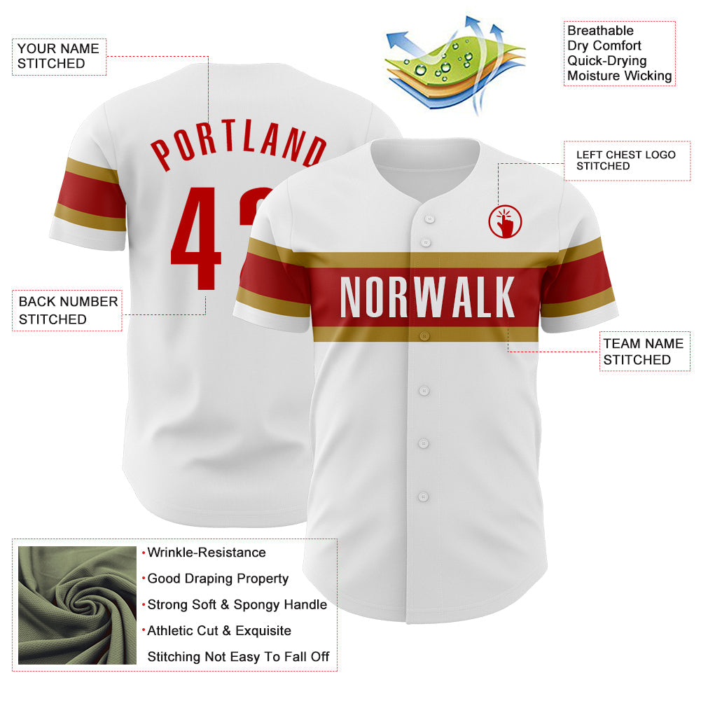 Custom White Red-Old Gold Authentic Baseball Jersey view 3