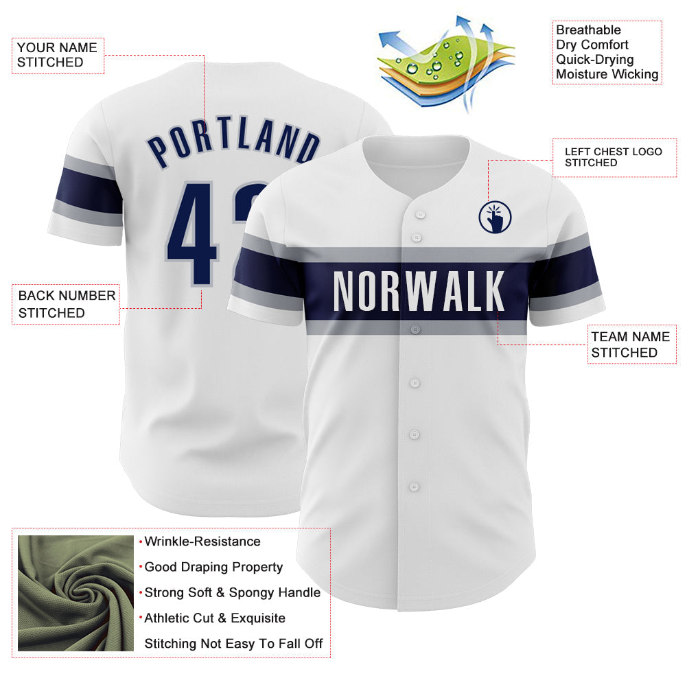 Custom White Navy-Gray Authentic Baseball Jersey view 3