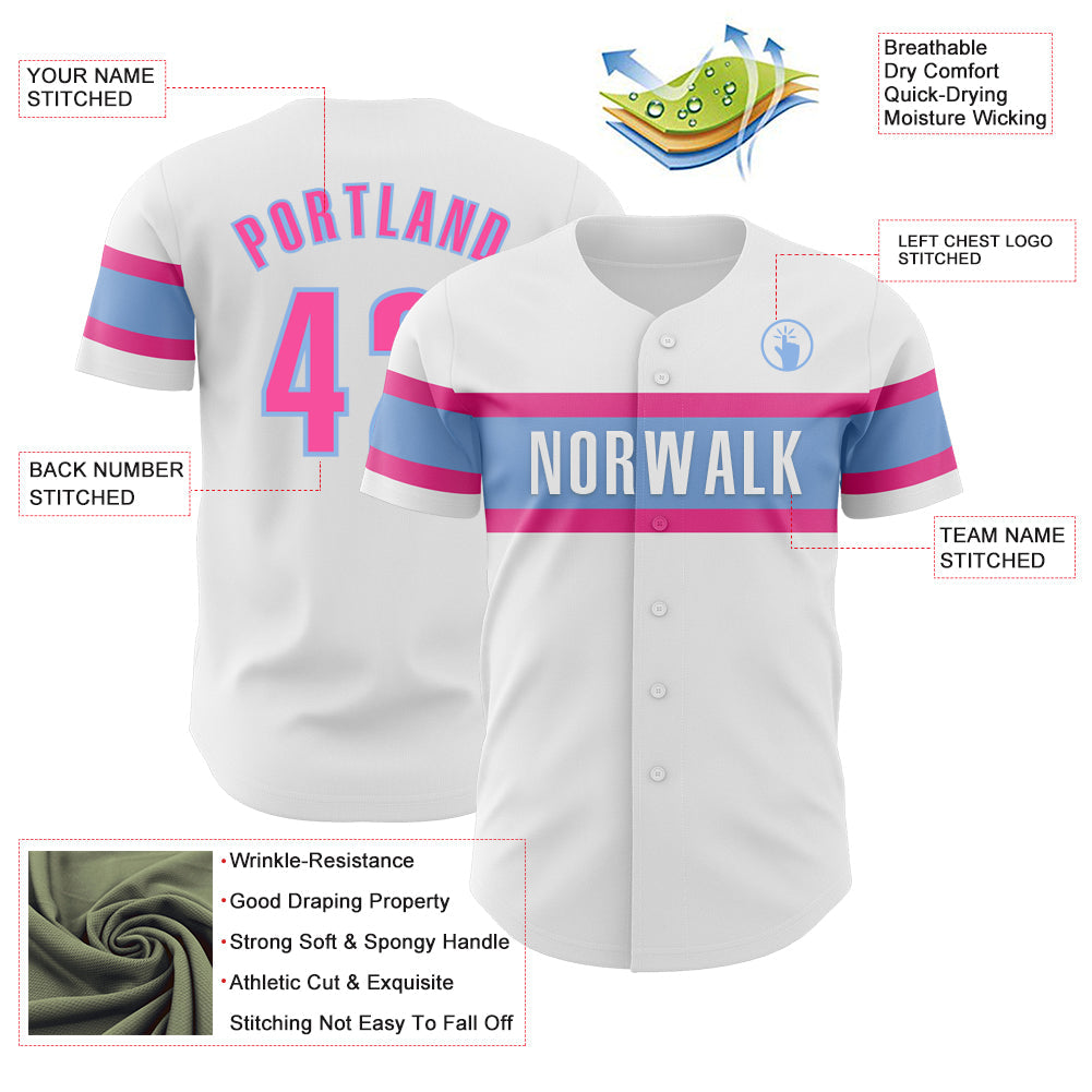 Custom White Pink-Light Blue Authentic Baseball Jersey view 3