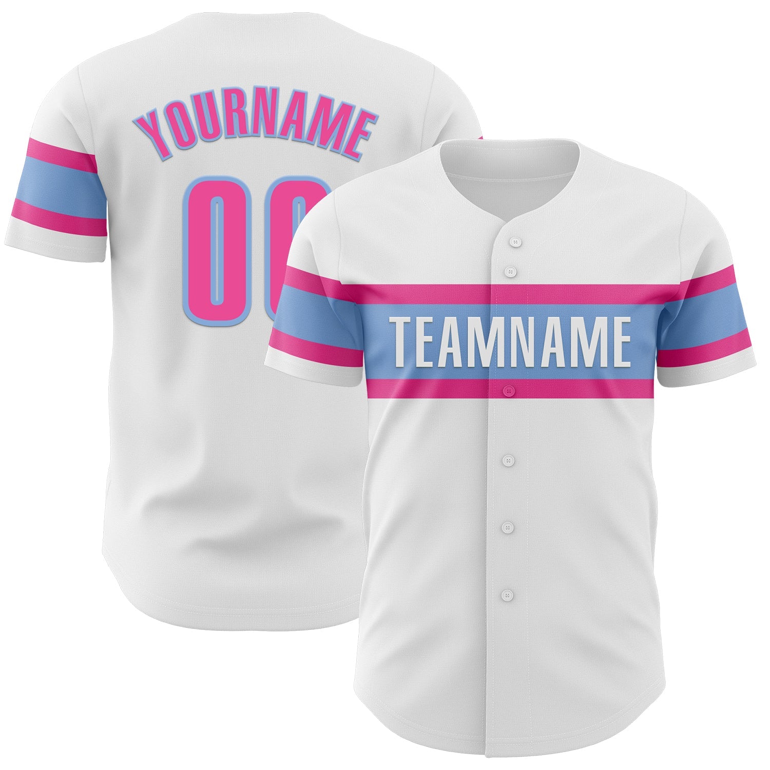 Custom White Pink-Light Blue Authentic Baseball Jersey - Main View