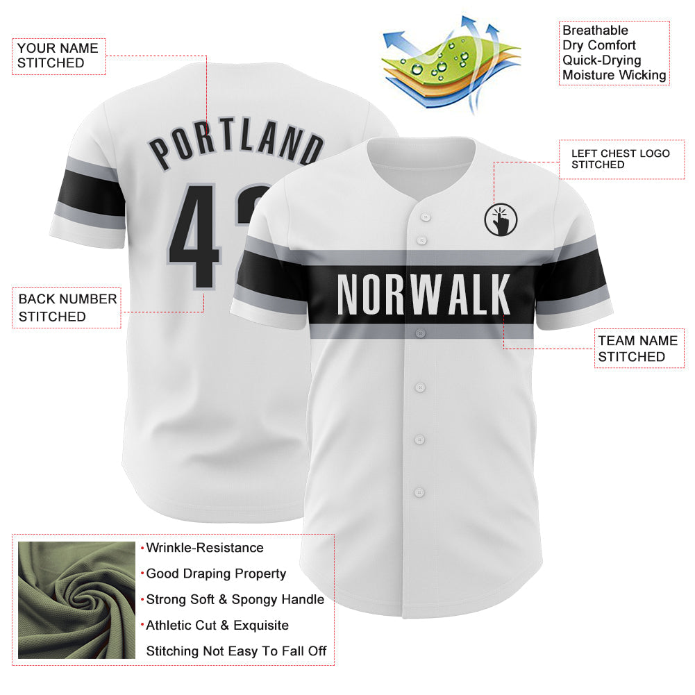 Custom White Black-Gray Authentic Baseball Jersey view 3