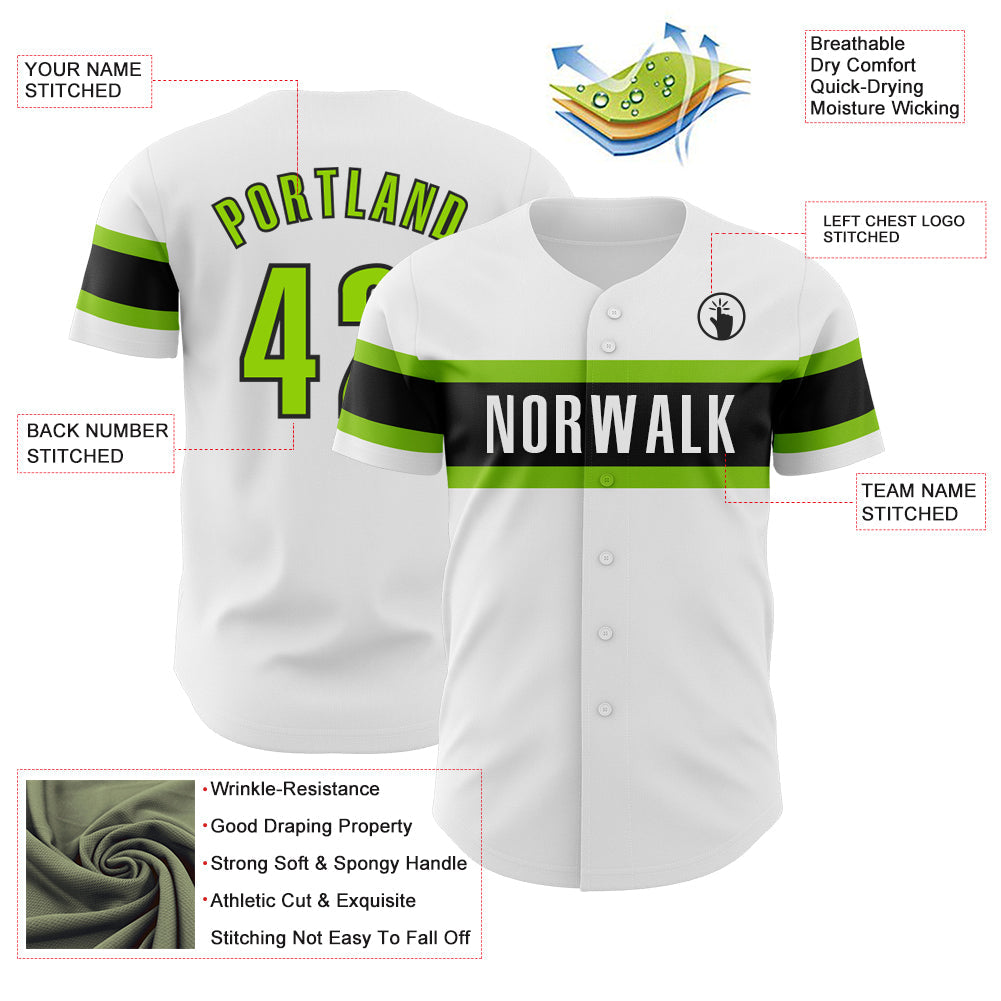Custom White Neon Green-Black Authentic Baseball Jersey view 3